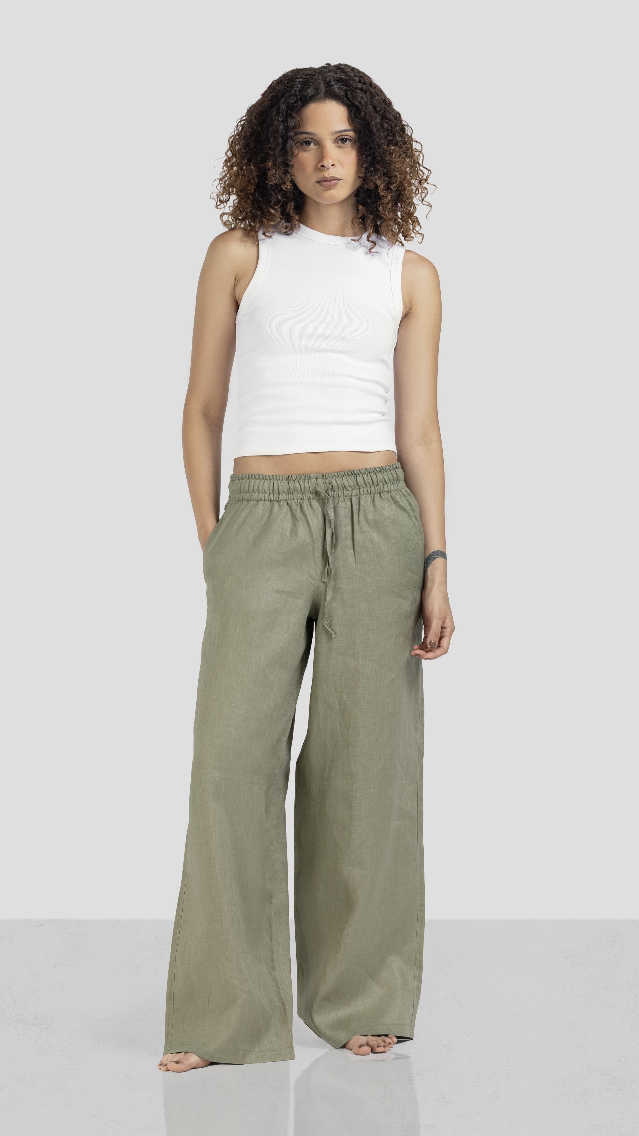 Pure Linen Pants - Olive - Women