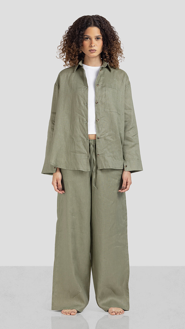 Pure Linen Shirt - Olive - Women